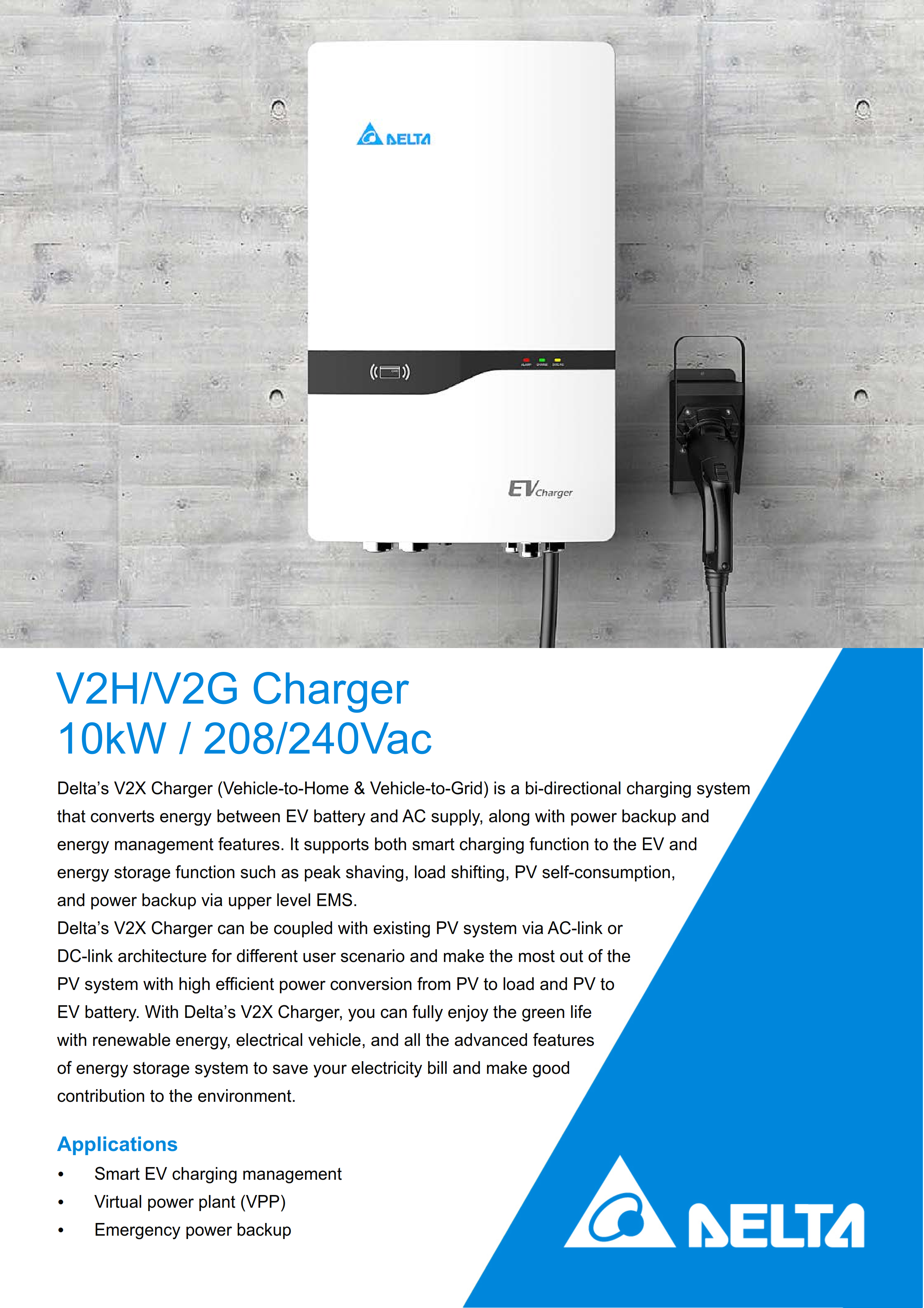 Delta V2H/V2G bi-directional EV charger